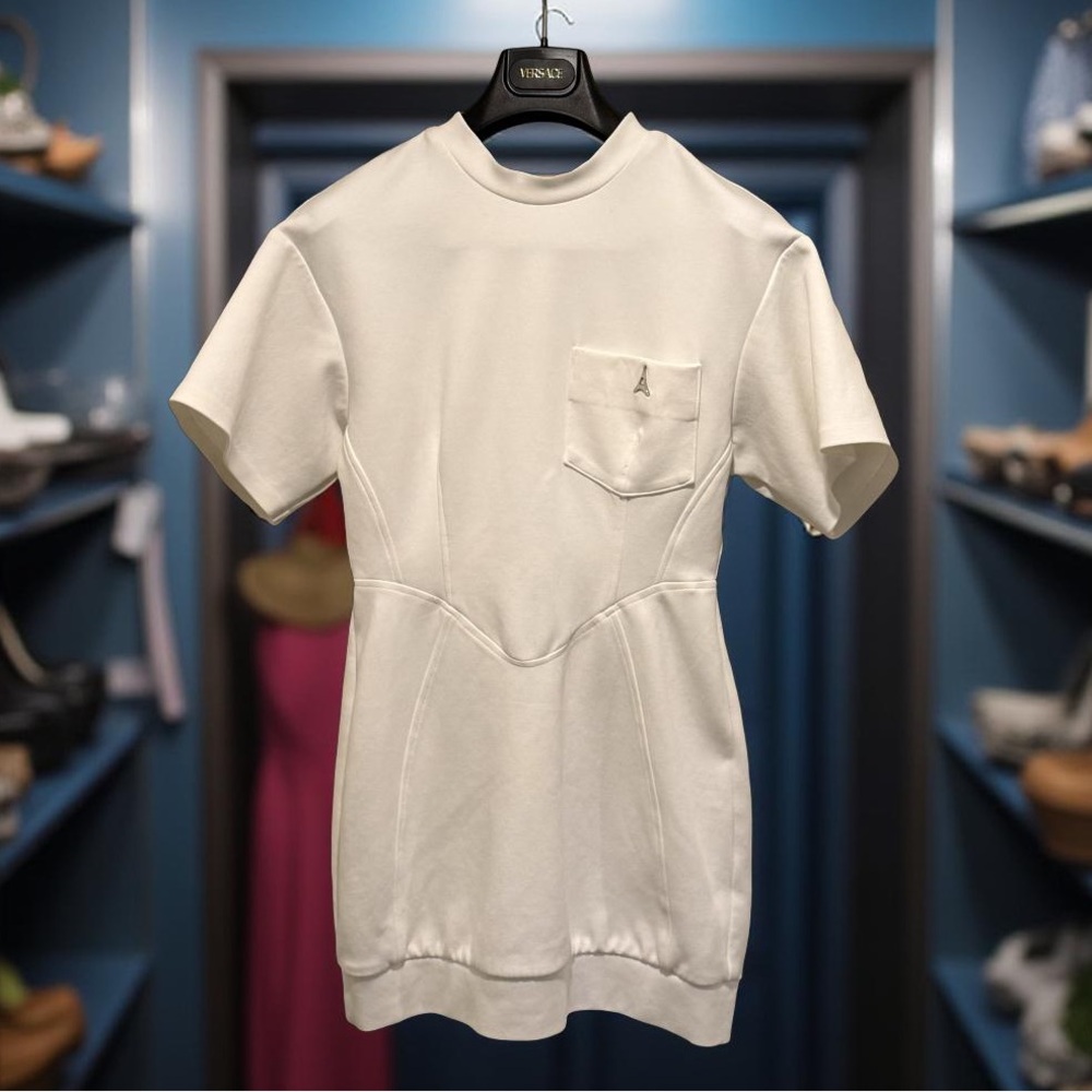 Manière De Voir EUC Size 4 Creamy White Short Sleeve Eiffel Tower Emblem Dress